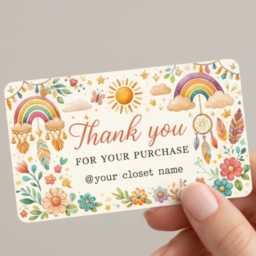 50 Boho Thank You Cards | Rainbow Floral Small Business Packaging Inserts 3.5x2 - Picture 2 of 3